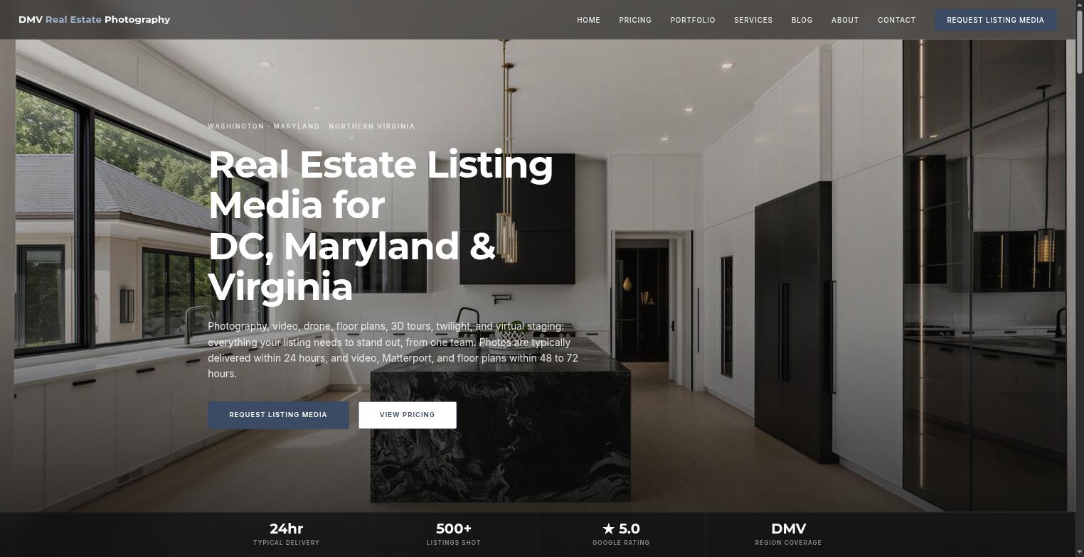 DMV Real Estate Photography's current site: services, pricing, and a request-listing-media button